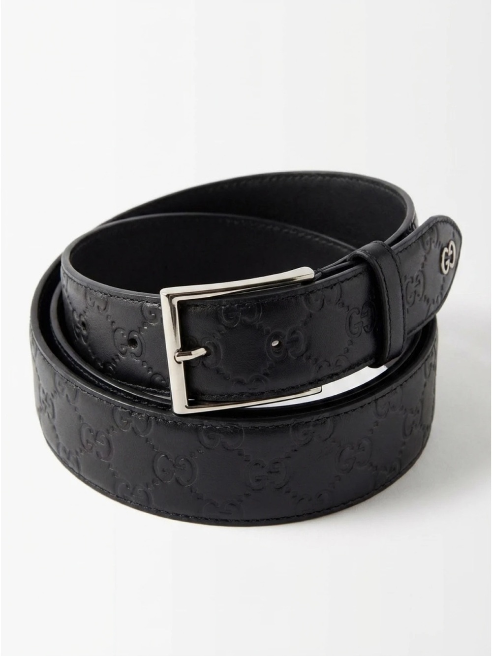 Gucci Black Embossed GG Leather Belt with Silver Buckle - Brand New